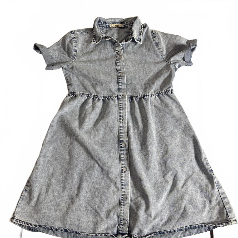 LUVAMIA Women's XS Short Sleeve Button Down Tiered Denim Babydoll Jean Dress